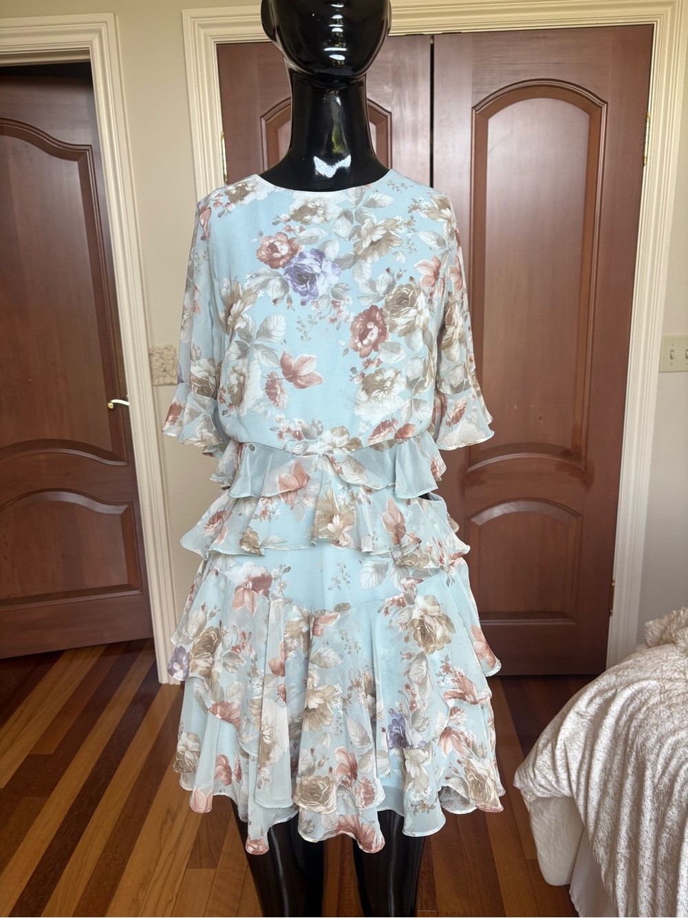 Just Me Light Blue Floral Chiffon Tiered Ruffle Mini Dress Flutter Sleeve